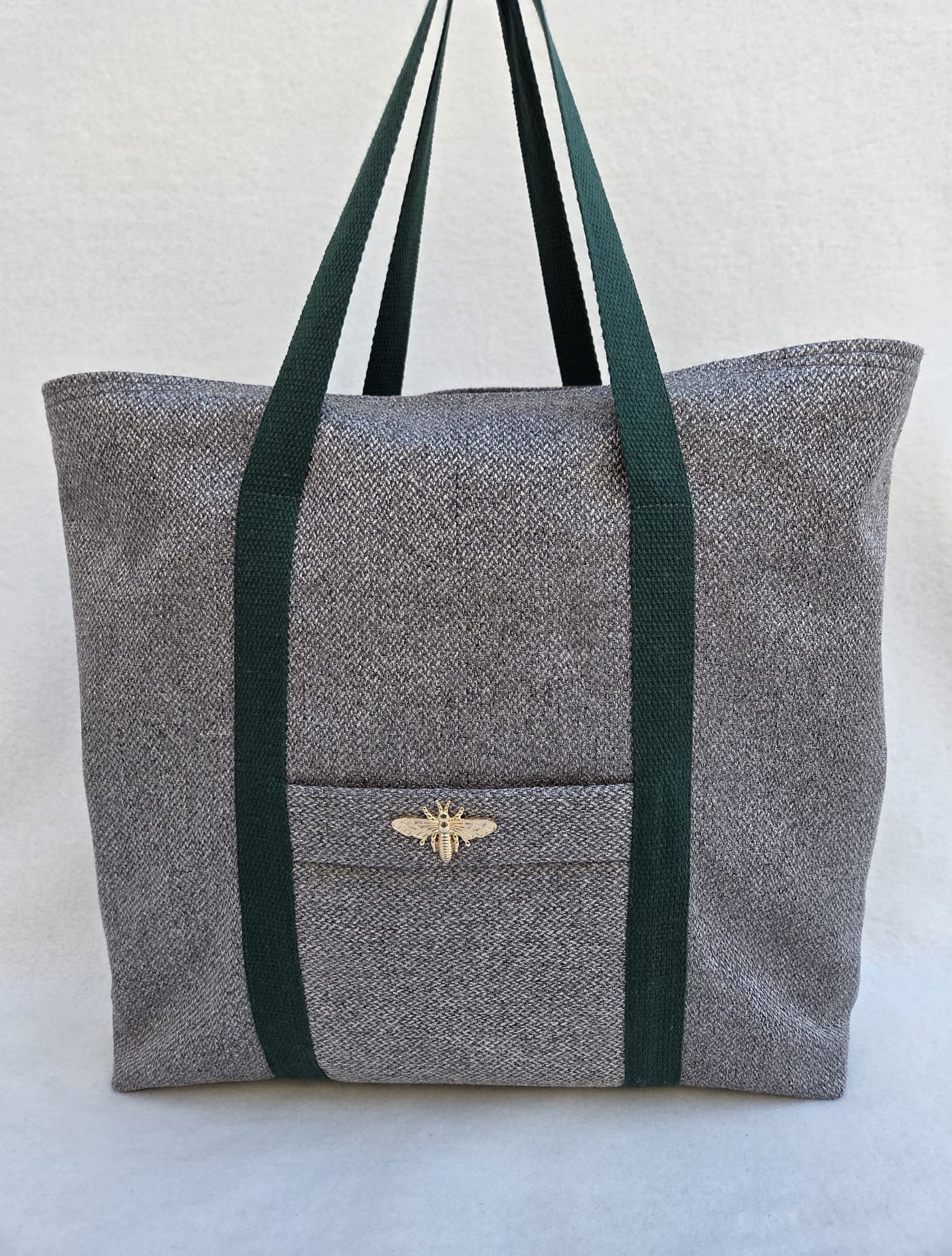 Sac “Gris Camden” – Toile texturée & anses vert forêt