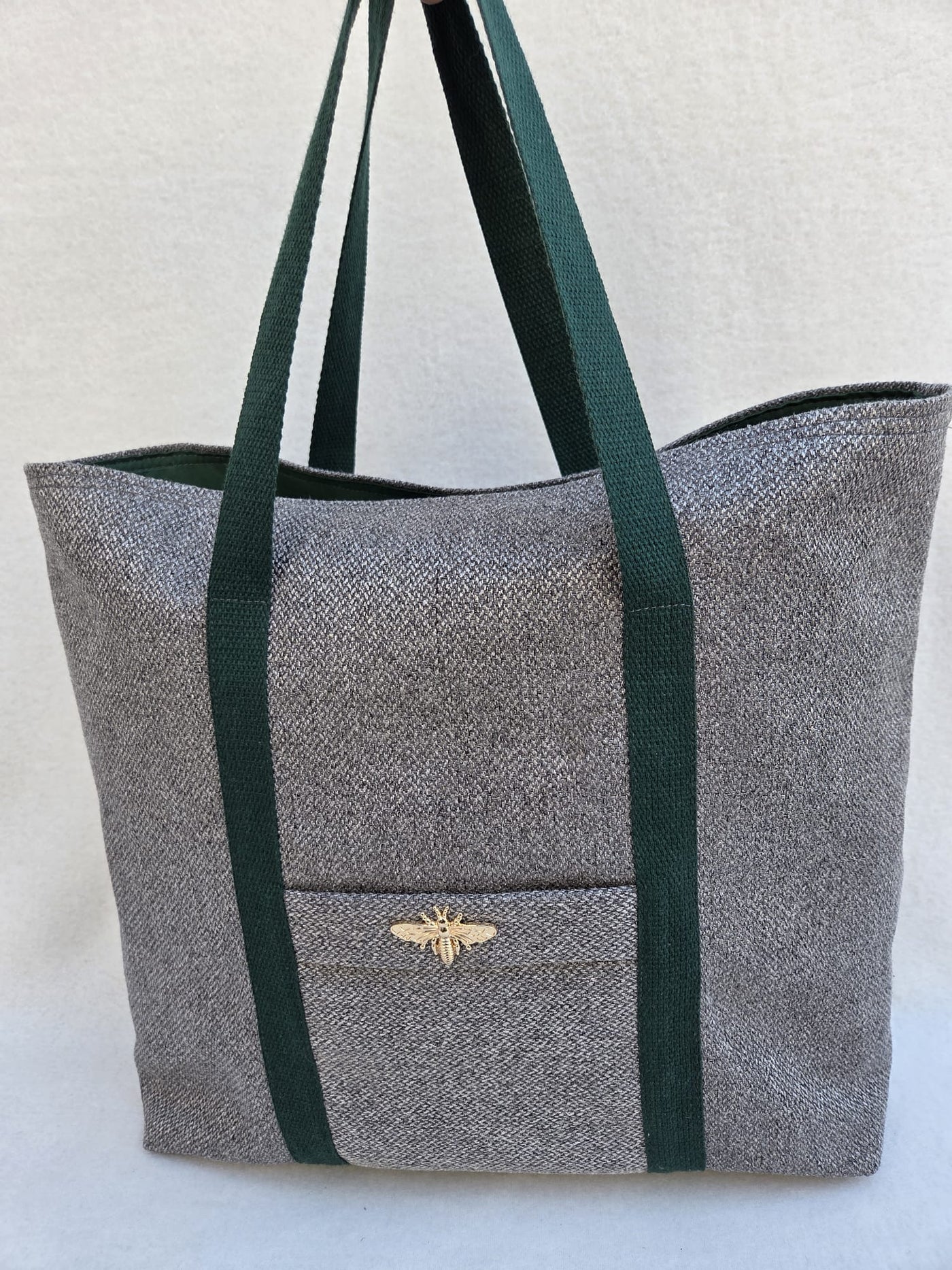 Sac “Gris Camden” – Toile texturée & anses vert forêt