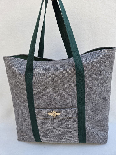 Sac “Gris Camden” – Toile texturée & anses vert forêt