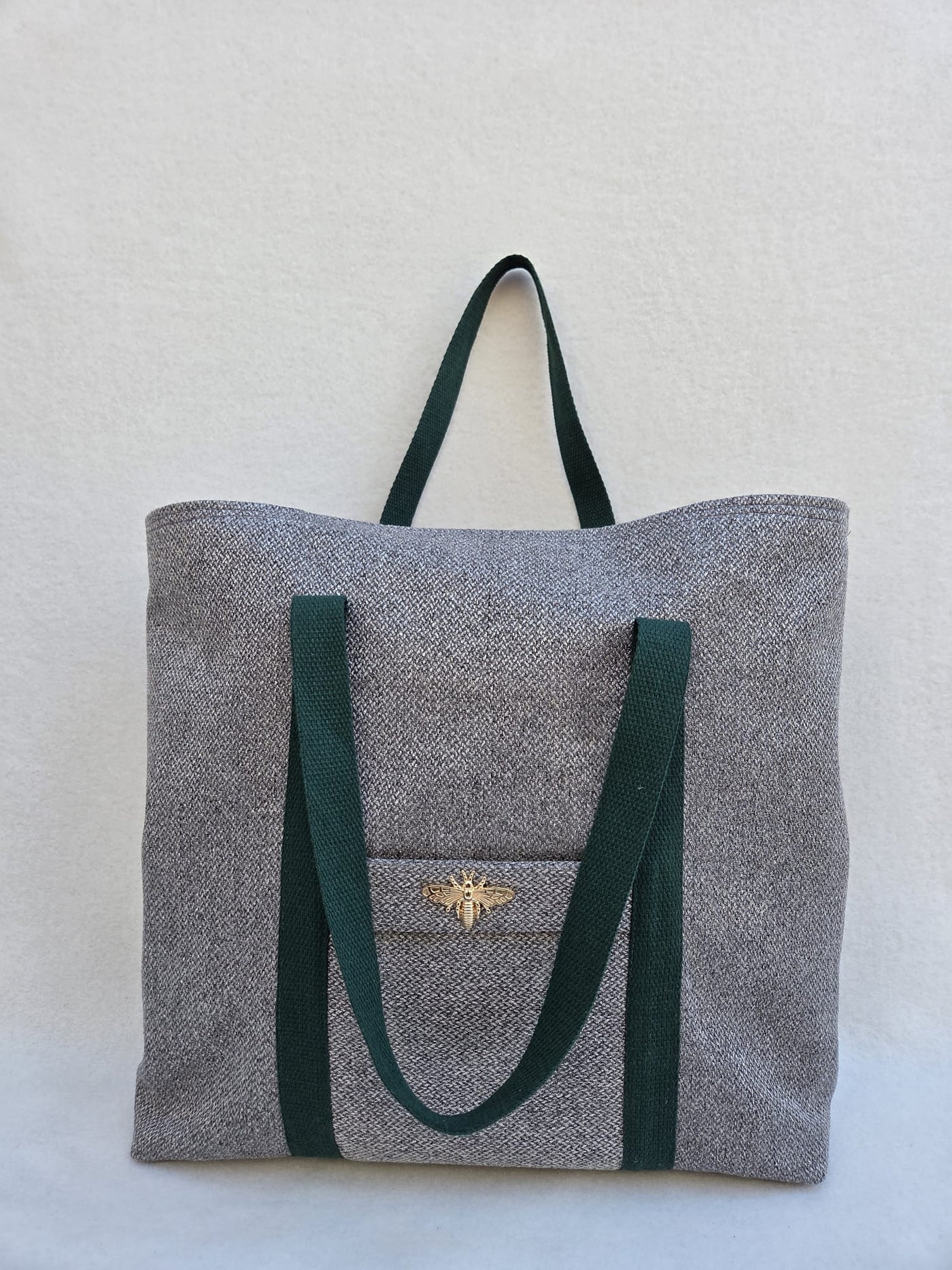 Sac “Gris Camden” – Toile texturée & anses vert forêt