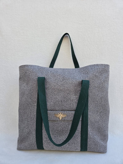 Sac “Gris Camden” – Toile texturée & anses vert forêt