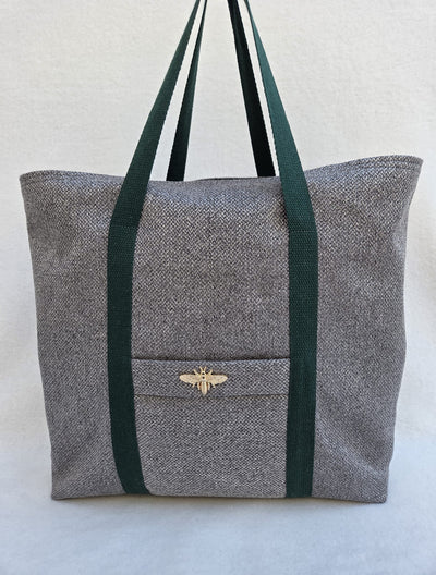 Sac “Gris Camden” – Toile texturée & anses vert forêt