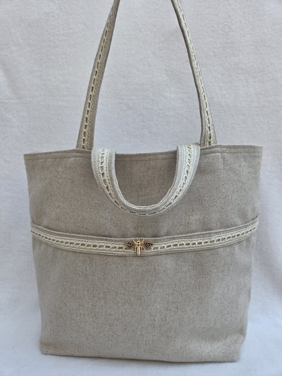 Sac “Écru Bohème” – Lin naturel & dentelle fine