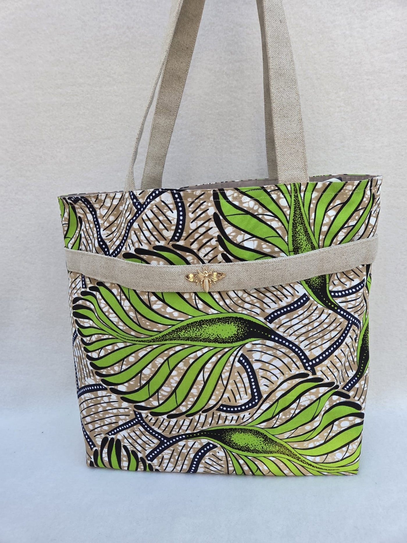 Sac “Feuilles d’Ataya” – Wax vert & anses en lin naturel