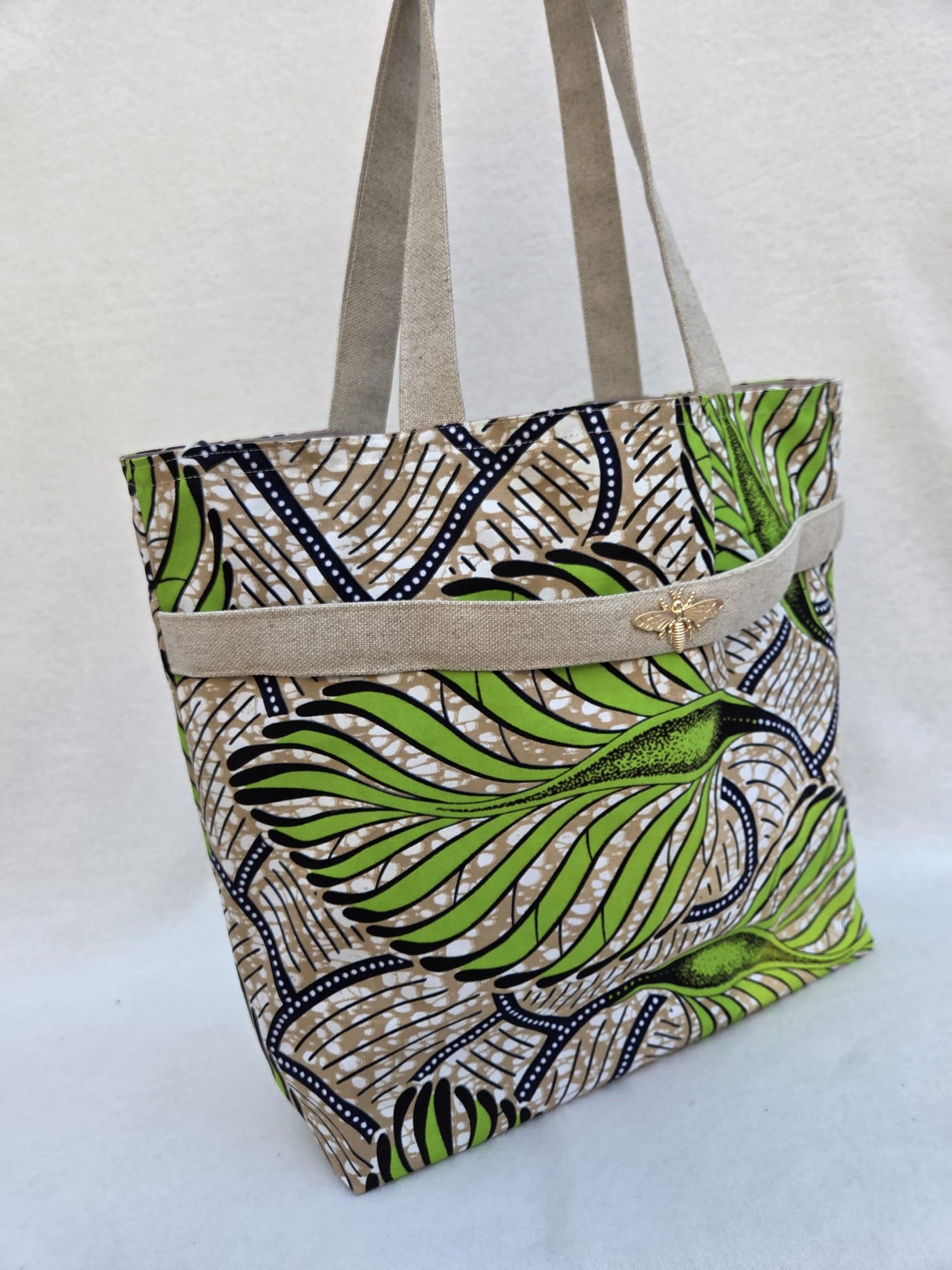 Sac “Feuilles d’Ataya” – Wax vert & anses en lin naturel
