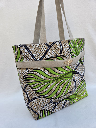 Sac “Feuilles d’Ataya” – Wax vert & anses en lin naturel