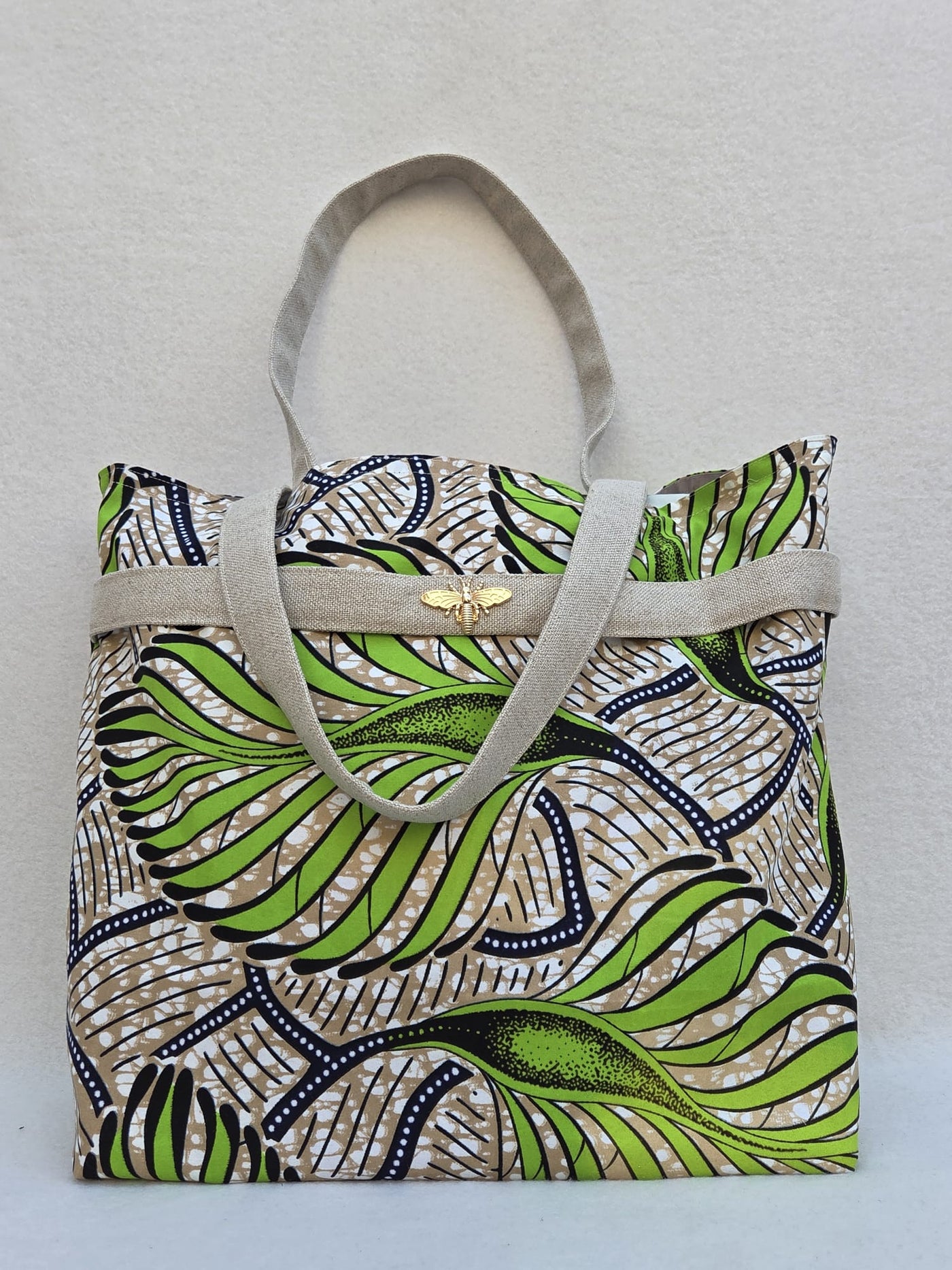 Sac “Feuilles d’Ataya” – Wax vert & anses en lin naturel