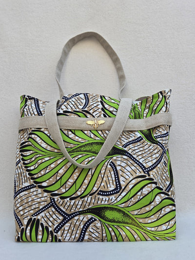 Sac “Feuilles d’Ataya” – Wax vert & anses en lin naturel
