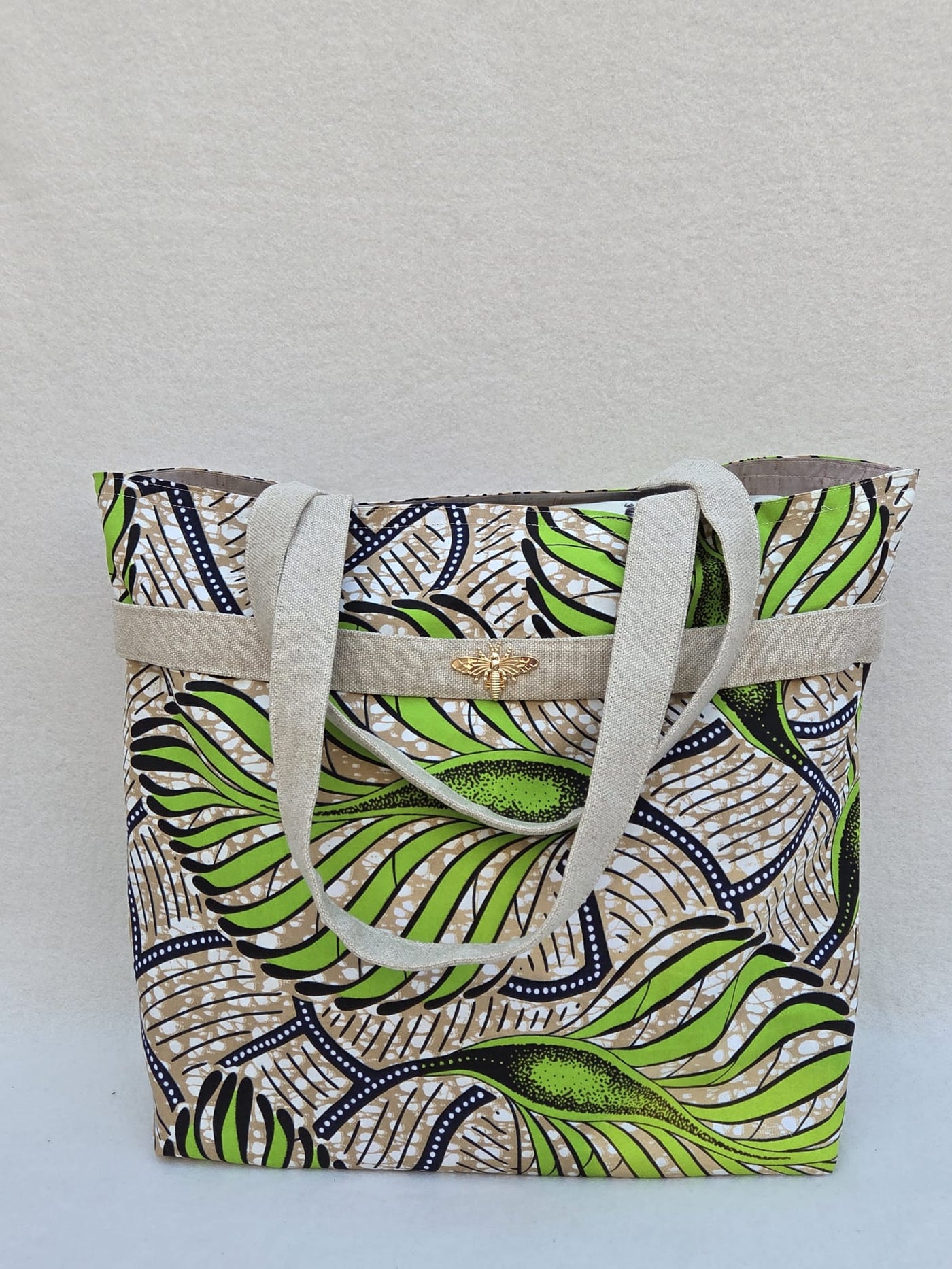 Sac “Feuilles d’Ataya” – Wax vert & anses en lin naturel