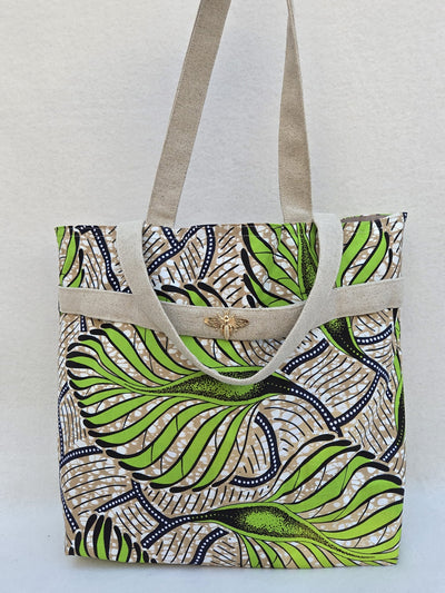 Sac “Feuilles d’Ataya” – Wax vert & anses en lin naturel