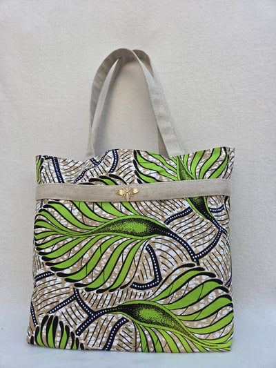 Sac “Feuilles d’Ataya” – Wax vert & anses en lin naturel