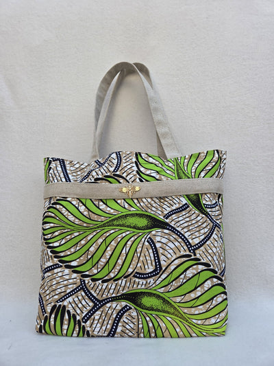 Sac “Feuilles d’Ataya” – Wax vert & anses en lin naturel