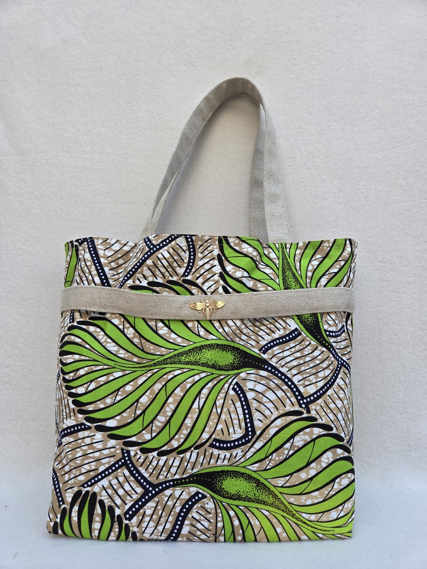 Sac “Feuilles d’Ataya” – Wax vert & anses en lin naturel