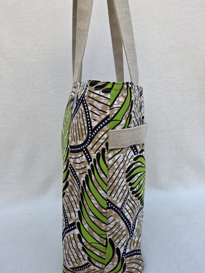 Sac “Feuilles d’Ataya” – Wax vert & anses en lin naturel